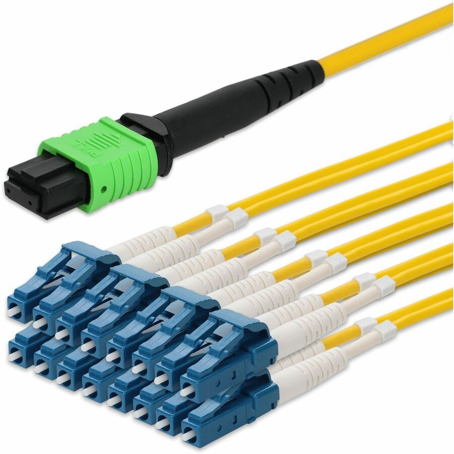 AddOn 3m MPO/APC to 4xLC Duplex (8xLC)/UPC Yellow OS2 OFNR (Riser-Rated) 8-Strand TAA SMF Fiber Fanout Cable