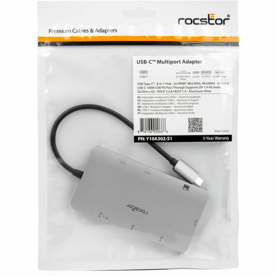 Rocstor USB C Multiport Adapter, 8-in-1 Hub