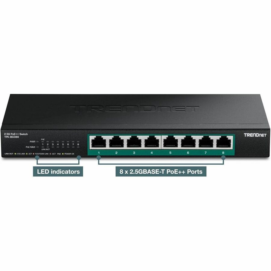 TRENDnet 8 Port 2.5G PoE++ Switch, 1.58 lb, 2.5 Gigabit Ethernet, 2.5GBase-T, TPE-BG380