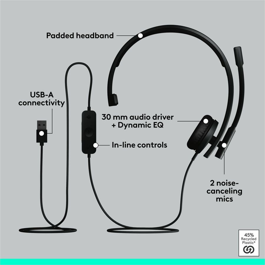 Logitech H570e USB Wired Mono Headset, USB-A, Noise-Canceling Mics, Inline Controls, Certified for Microsoft Teams, Black
