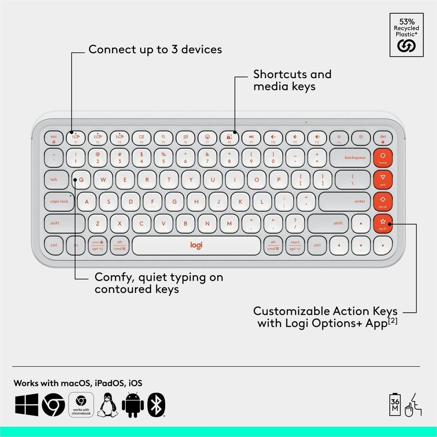 Logitech POP ICON COMBO, Bluetooth Keyboard and Mouse Combo, Comfortable Typing, Programmable Keys and Buttons, Quiet Clicks (Off-white & Orange)
