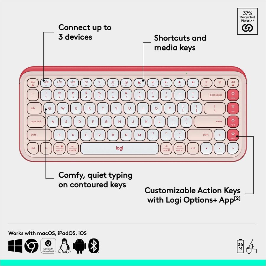 Logitech POP ICON KEYS Wireless Bluetooth Keyboard, Comfortable Typing, Programmable Keys, Easy-Switch Between up to 3 Devices (Rose & Off-white)