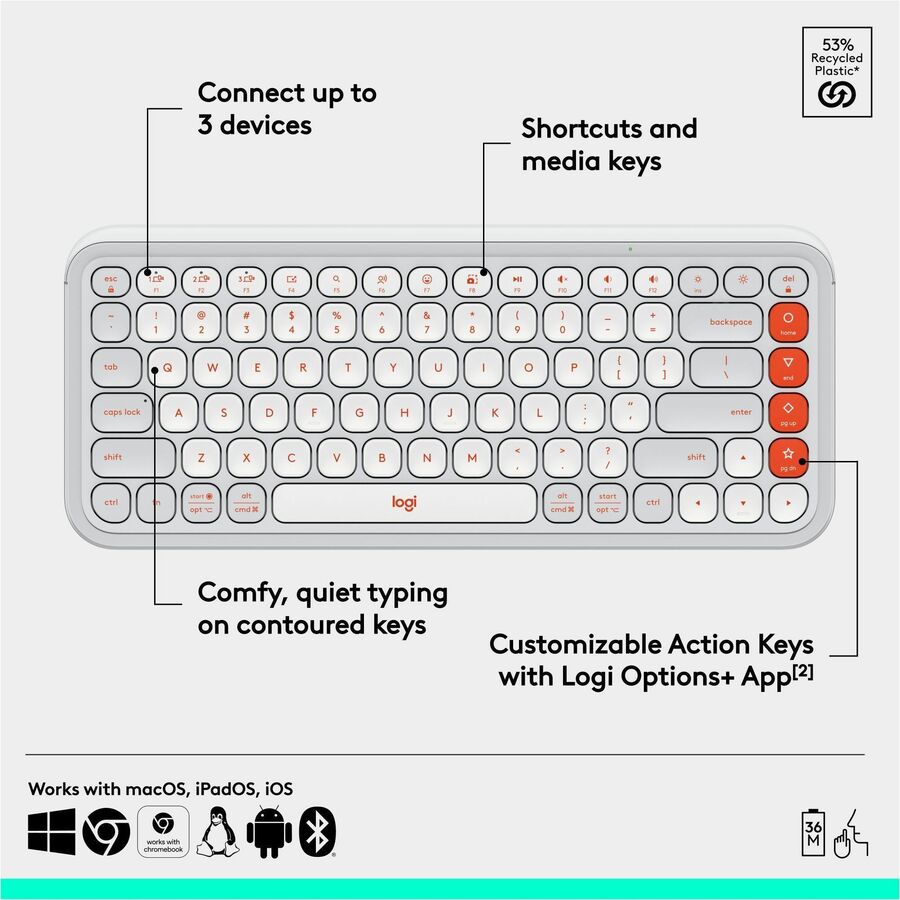 Logitech POP ICON KEYS Wireless Bluetooth Keyboard, Comfortable Typing, Programmable Keys, Easy-Switch Between up to 3 Devices (Off-white & Orange)
