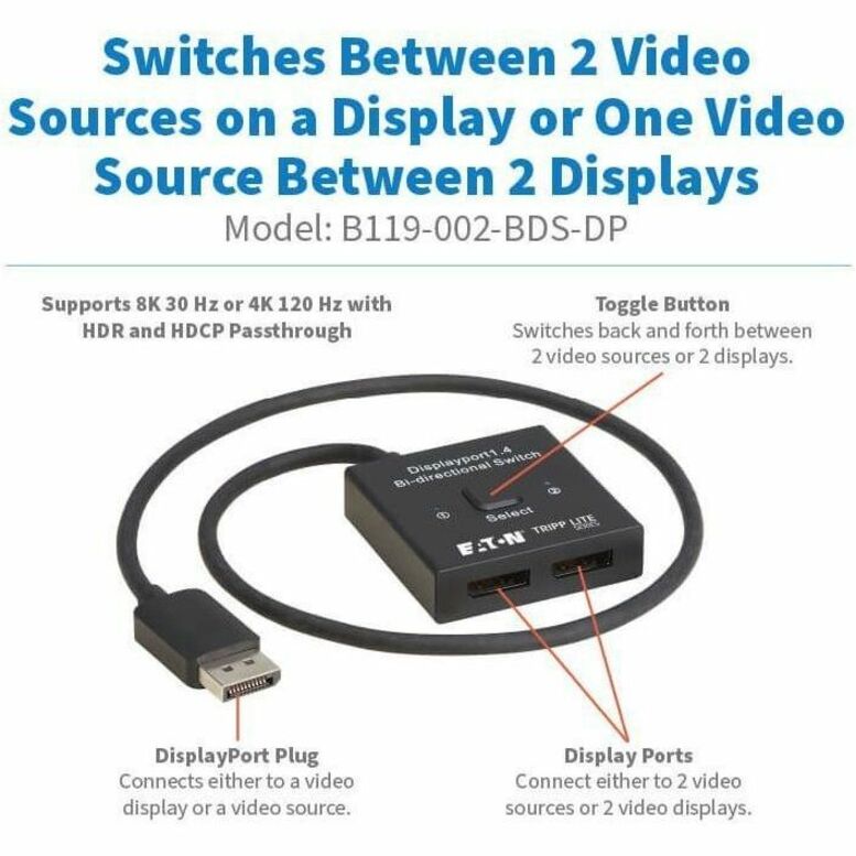 Eaton Tripp Lite Series 2x1 Bi-Directional DisplayPort Switch - 4K 120 Hz or 8K 30 Hz, HDR, HDCP Passthrough