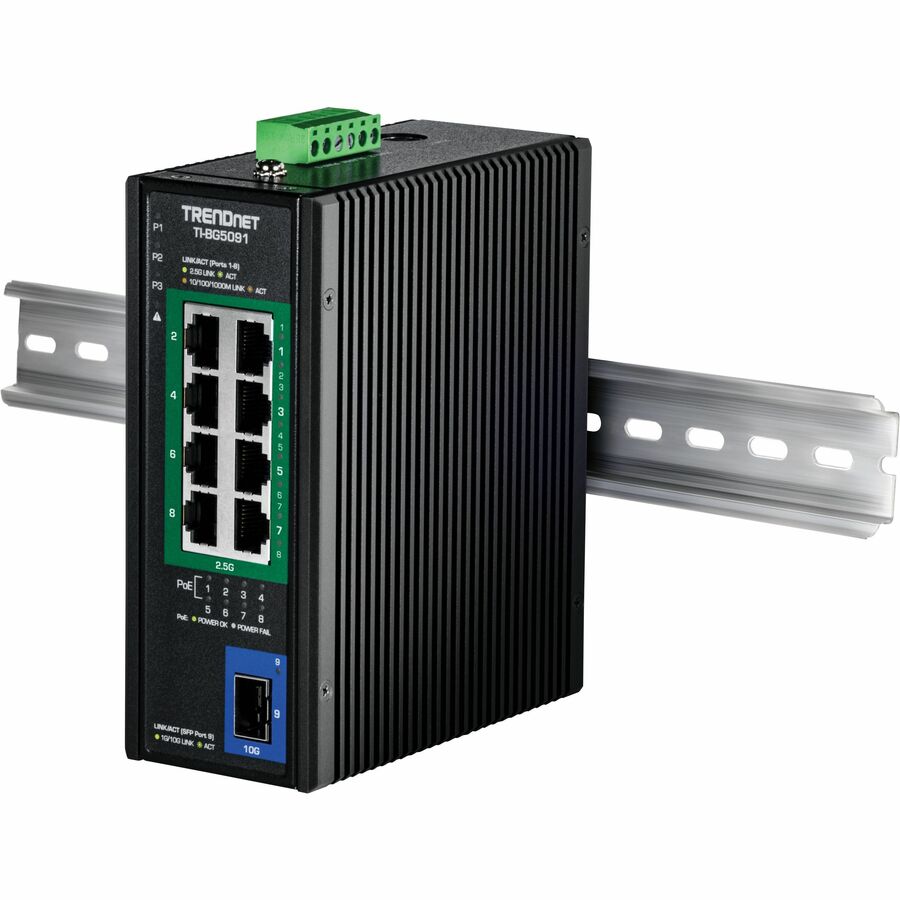 TRENDnet 9-Port Industrial 2.5G DIN-Rail PoE++ Switch with 10G SFP+ Port, TI-BG5091, Multi-Gigabit, 8 x 2.G PoE++ Ports, 1 x 10G SFP+ Port, 480W PoE