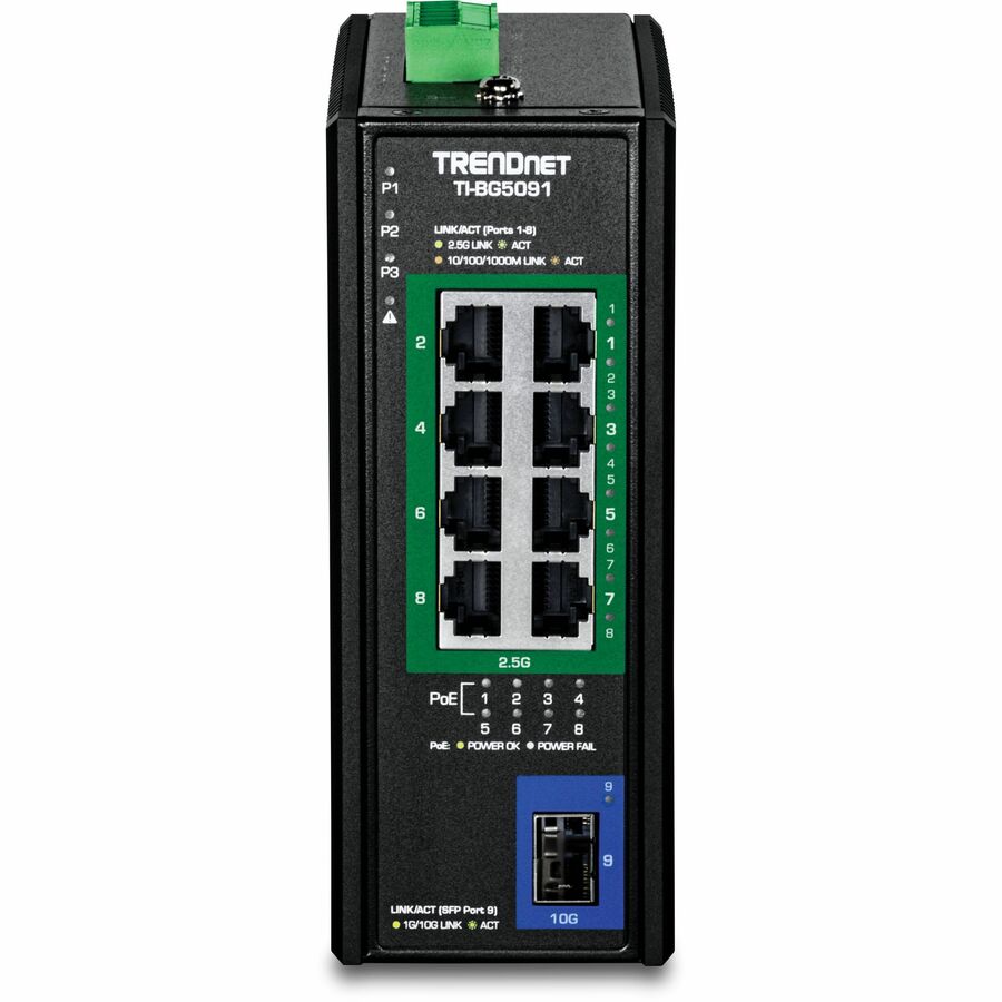 TRENDnet 9-Port Industrial 2.5G DIN-Rail PoE++ Switch with 10G SFP+ Port, TI-BG5091, Multi-Gigabit, 8 x 2.G PoE++ Ports, 1 x 10G SFP+ Port, 480W PoE