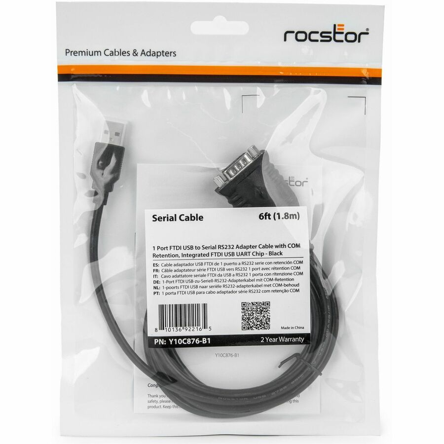 Rocstor 1 Port FTDI USB to Serial RS232 Adapter Cable with COM Retention