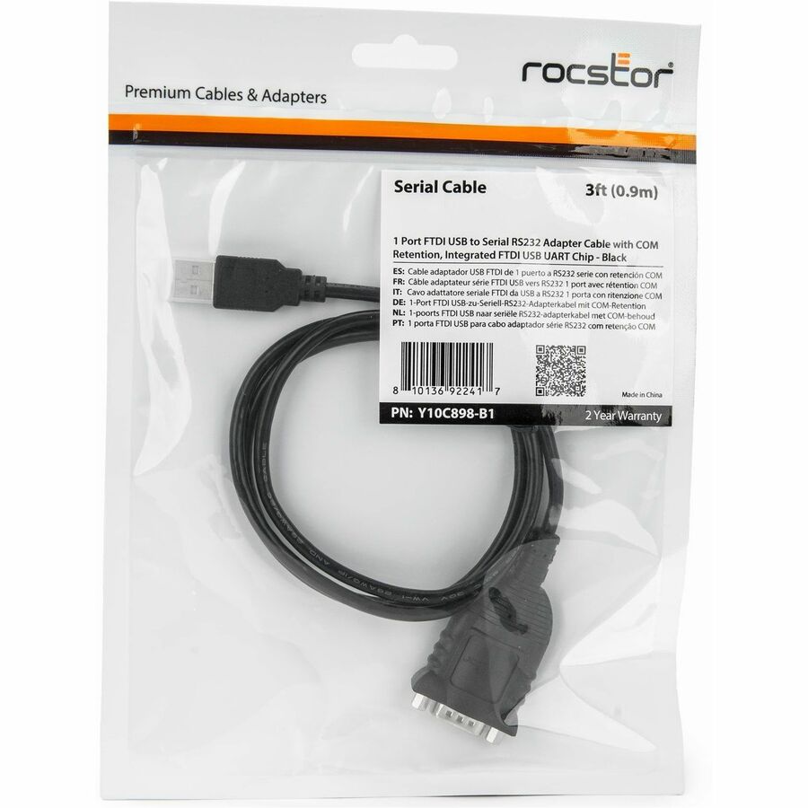 Rocstor 3ft FTDI USB to Serial RS232 Adapter Cable with COM Retention