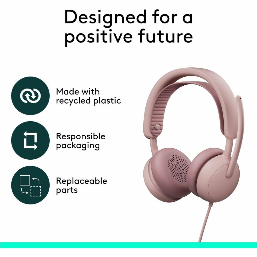 Logitech Zone Wired 2 for Business - Noise-Canceling Headset with Adaptive Hybrid ANC, Microsoft Teams Certified, USB-C with USB-A adapter, Rose