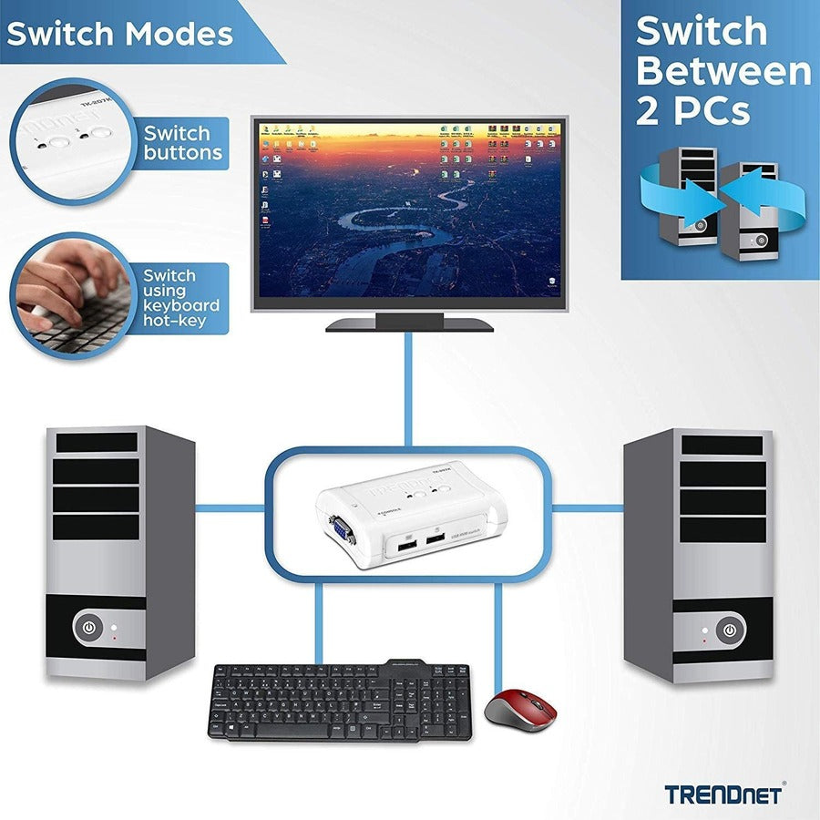 The 2-Port USB KVM Switch lets you manage two PC s with just one set of keyboard, monitor, and mouse.