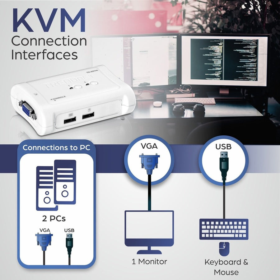 The 2-Port USB KVM Switch lets you manage two PC s with just one set of keyboard, monitor, and mouse.