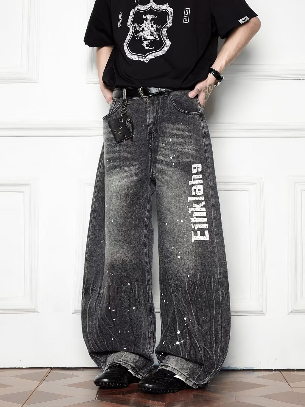 Splash Ink Wash Wide Leg Denim Loose Casual Curved Knife Pants