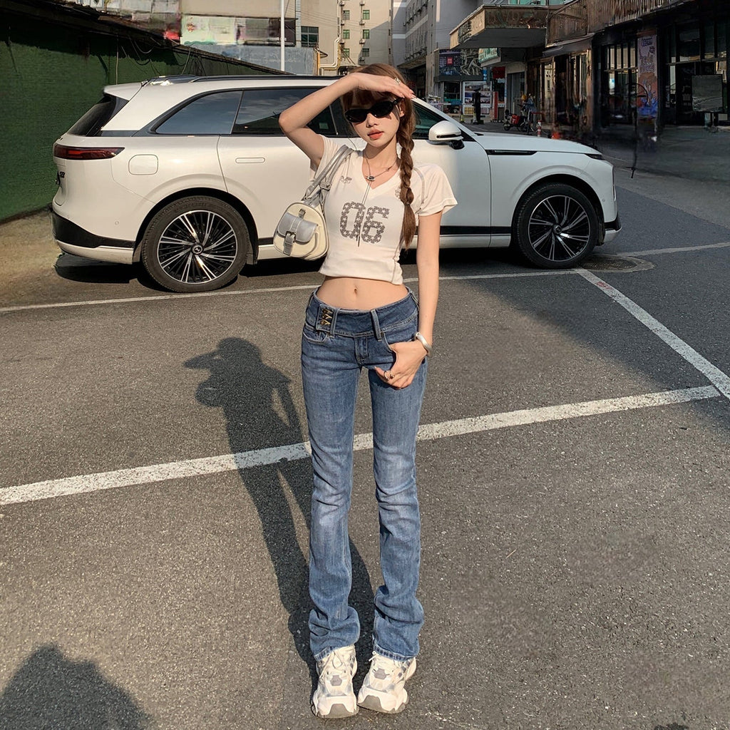 Women's Low Waist Flared Jeans Slim Fit Elastic Straight Leg Horseshoe Pants