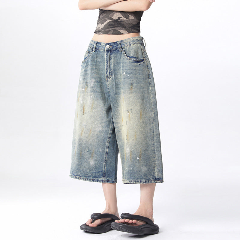 Splatter Washed Denim Pants for Women - Loose Casual Wide Leg Crop Pants