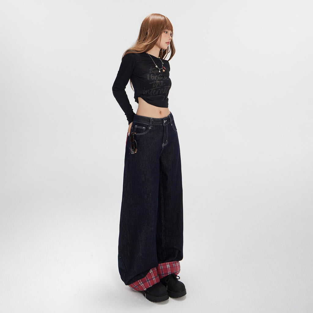 Women's Spliced Mid-Waist Denim Pants - Wide-Leg Straight Loose Trousers