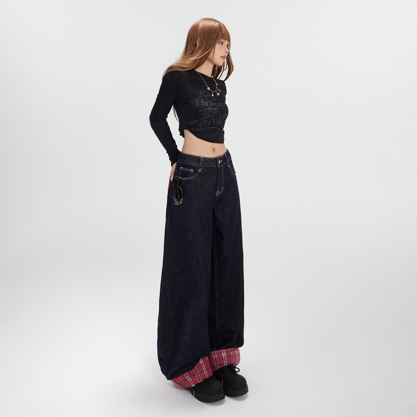 Women's Spliced Mid-Waist Denim Pants - Wide-Leg Straight Loose Trousers