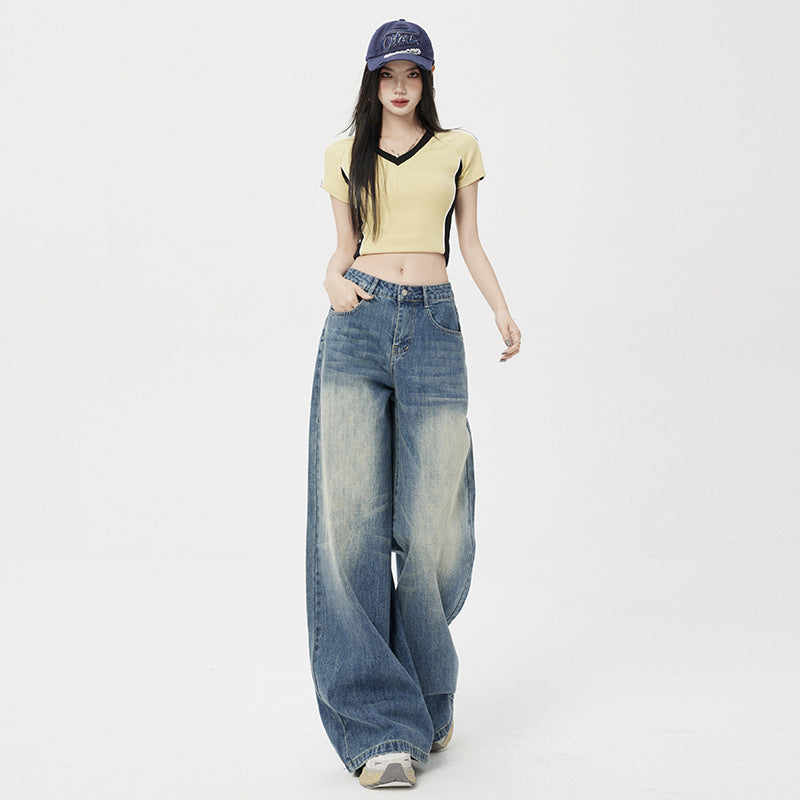 Women's Washed Vintage Blue Draped Loose High-Waist Wide-Leg Jeans
