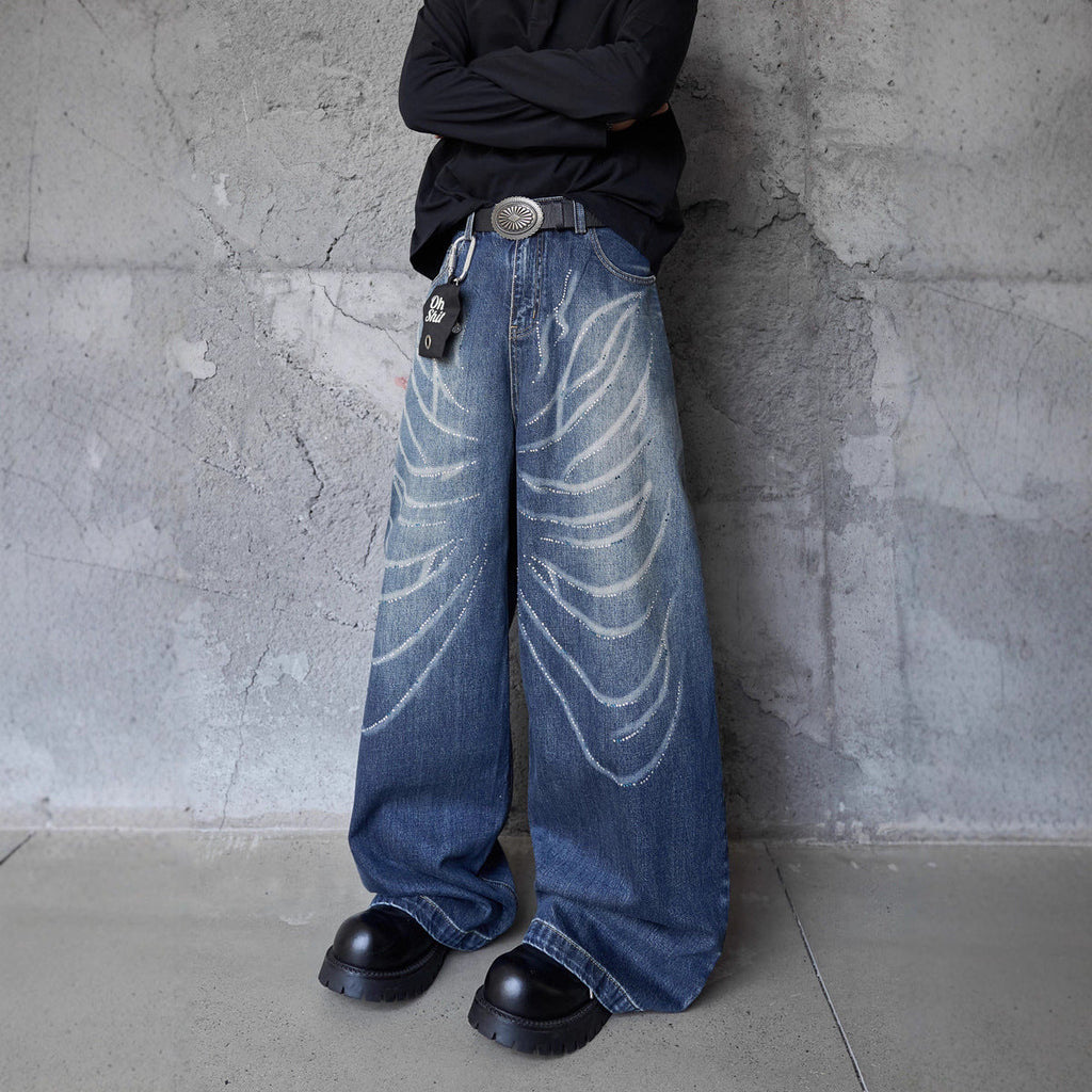 Style Butterfly Cat Whisker Laser-Printed Denim Pants - Unique Wide Leg, Loose Fit, Straight Cut Jeans
