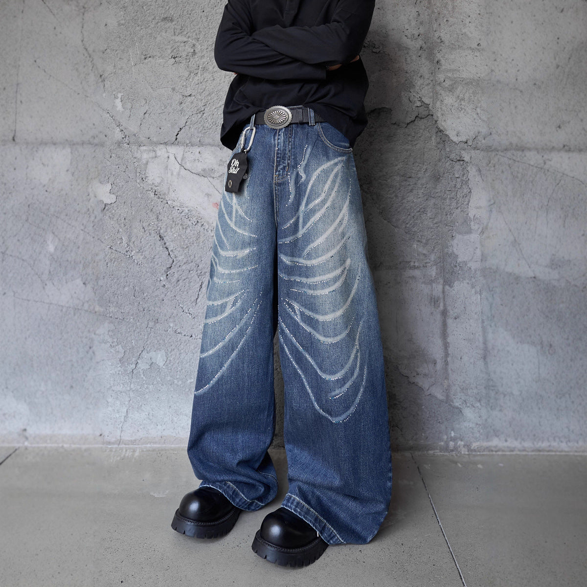 Style Butterfly Cat Whisker Laser-Printed Denim Pants - Unique Wide Leg, Loose Fit, Straight Cut Jeans