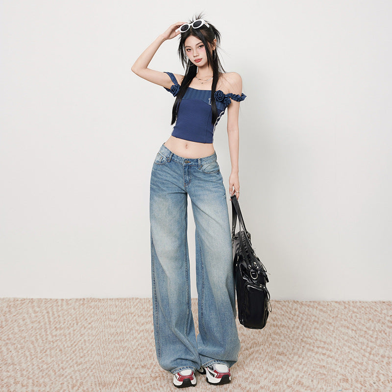 Women's Low-Waist Loose Wide-Leg Pants - Casual Straight-Leg Jeans