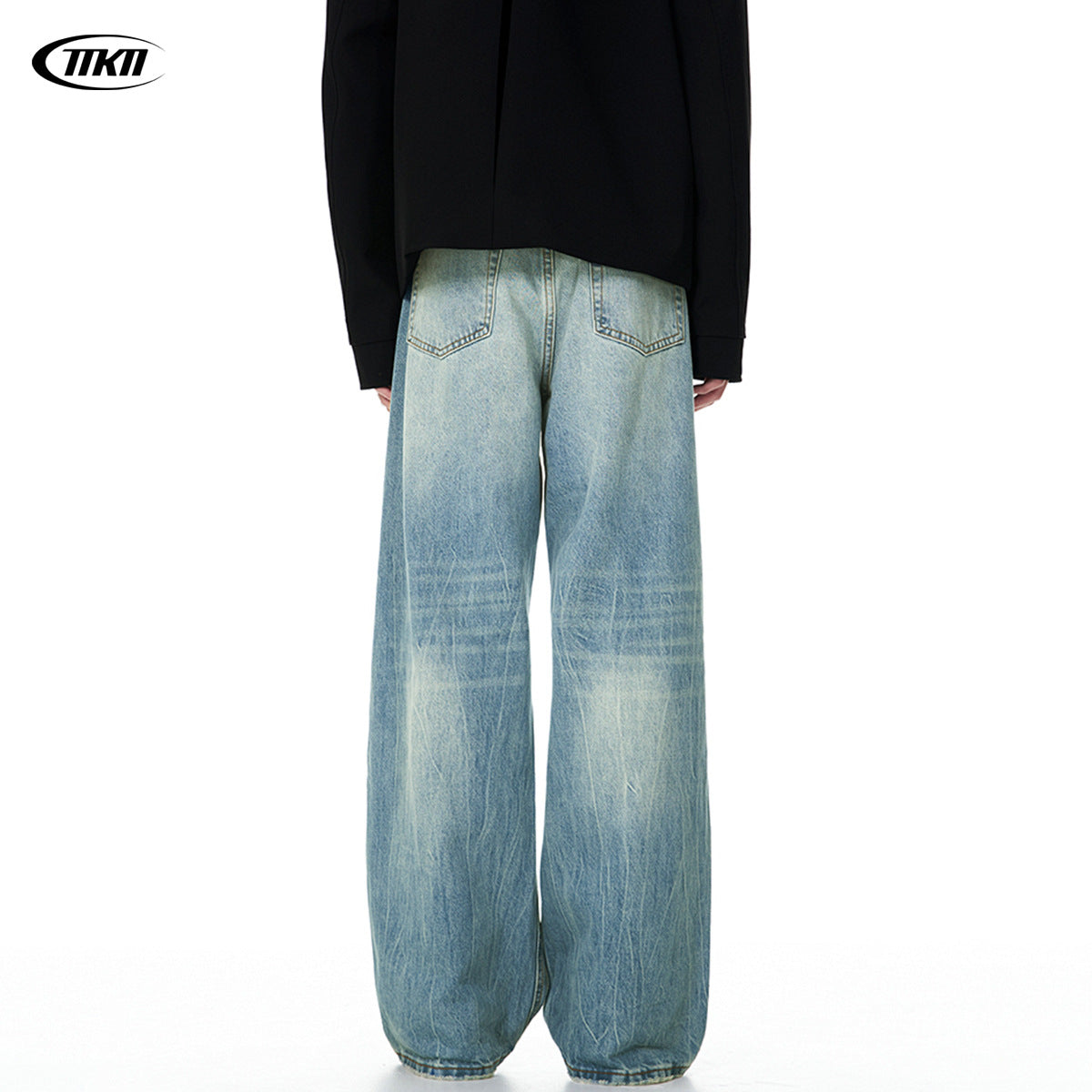 Blue Denim Pants for Men and Women - Knife-Cut Destruction, Water Washed, Wide-Leg Casual Trousers