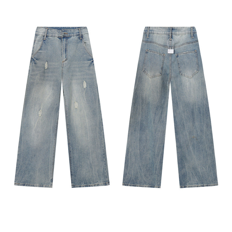 Vintage Distressed Wide-Leg Jeans - Unisex Loose Fit Straight Leg