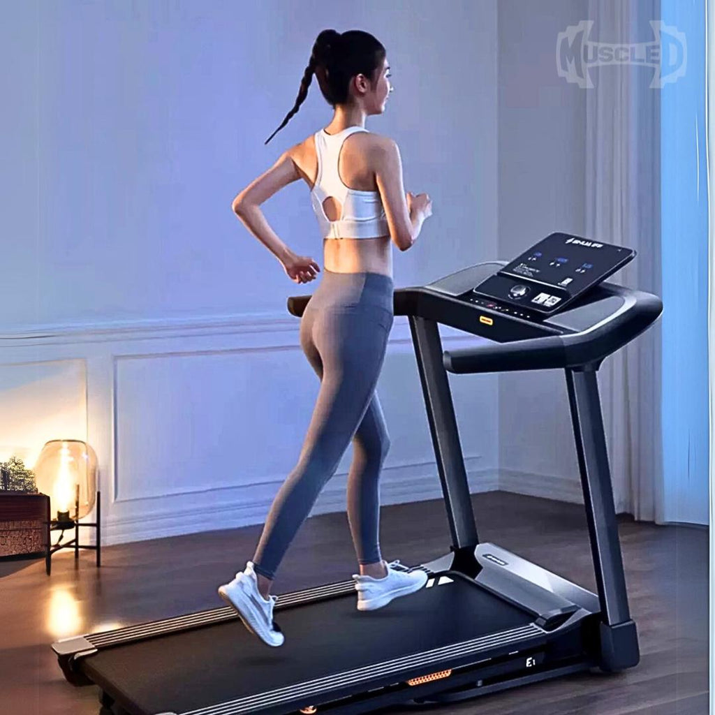 Light Commercial Folding Treadmill - Muscle D Fitness - LED Display - Heart Rate Monitor - Safety Clip