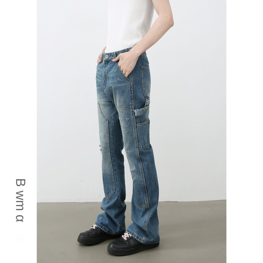 American Vintage Lumberjack Denim Trousers for Men | Water-Washed Distressed Loose Straight Leg Pants