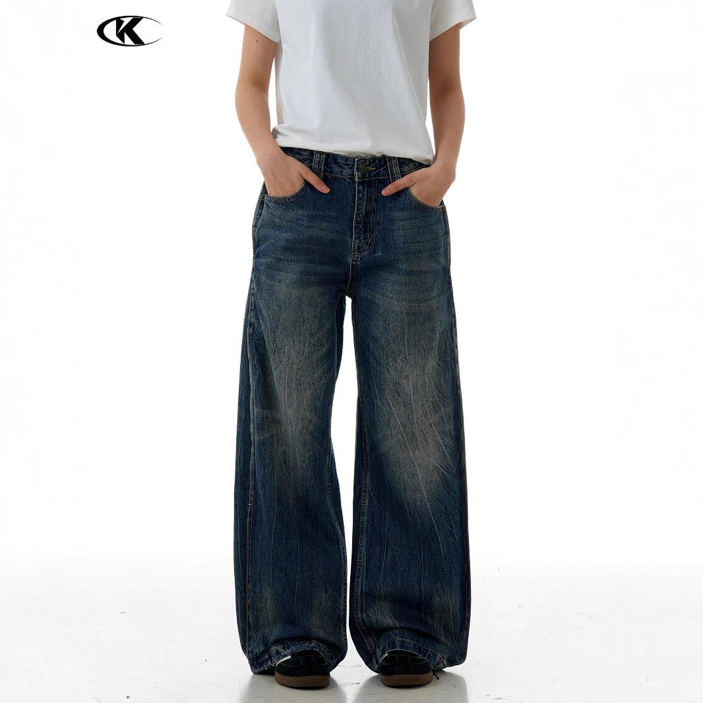 High Street Loose Casual Washed Vintage Wide Leg Straight Long Trousers
