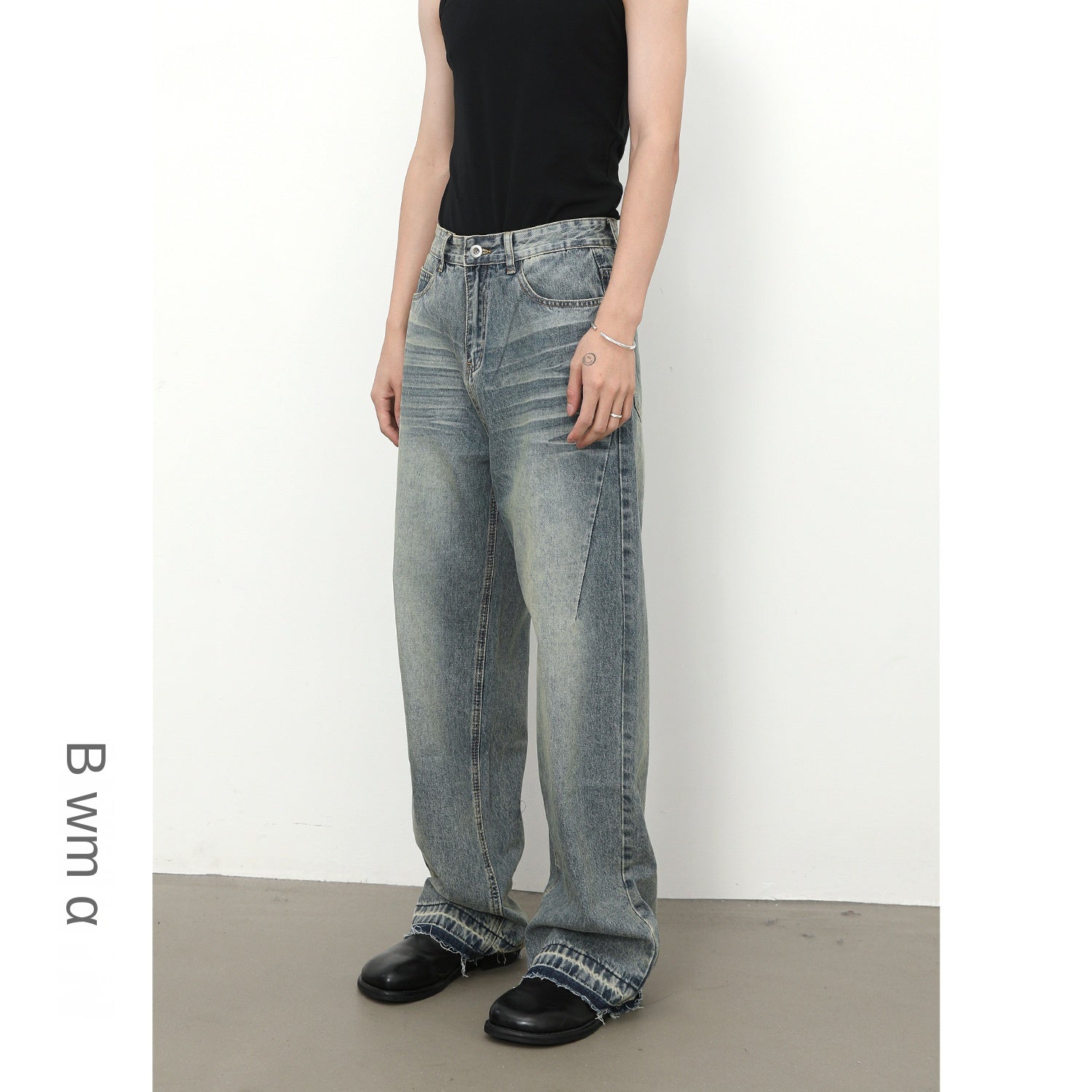 Denim Frayed Hem Washed Wide-Leg Jeans - Men's Retro Loose Straight Fit Trousers