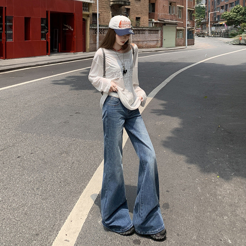 Women's Loose Flared Denim Pants - Low Waist Slimming Trumpet Floor-Length Trousers