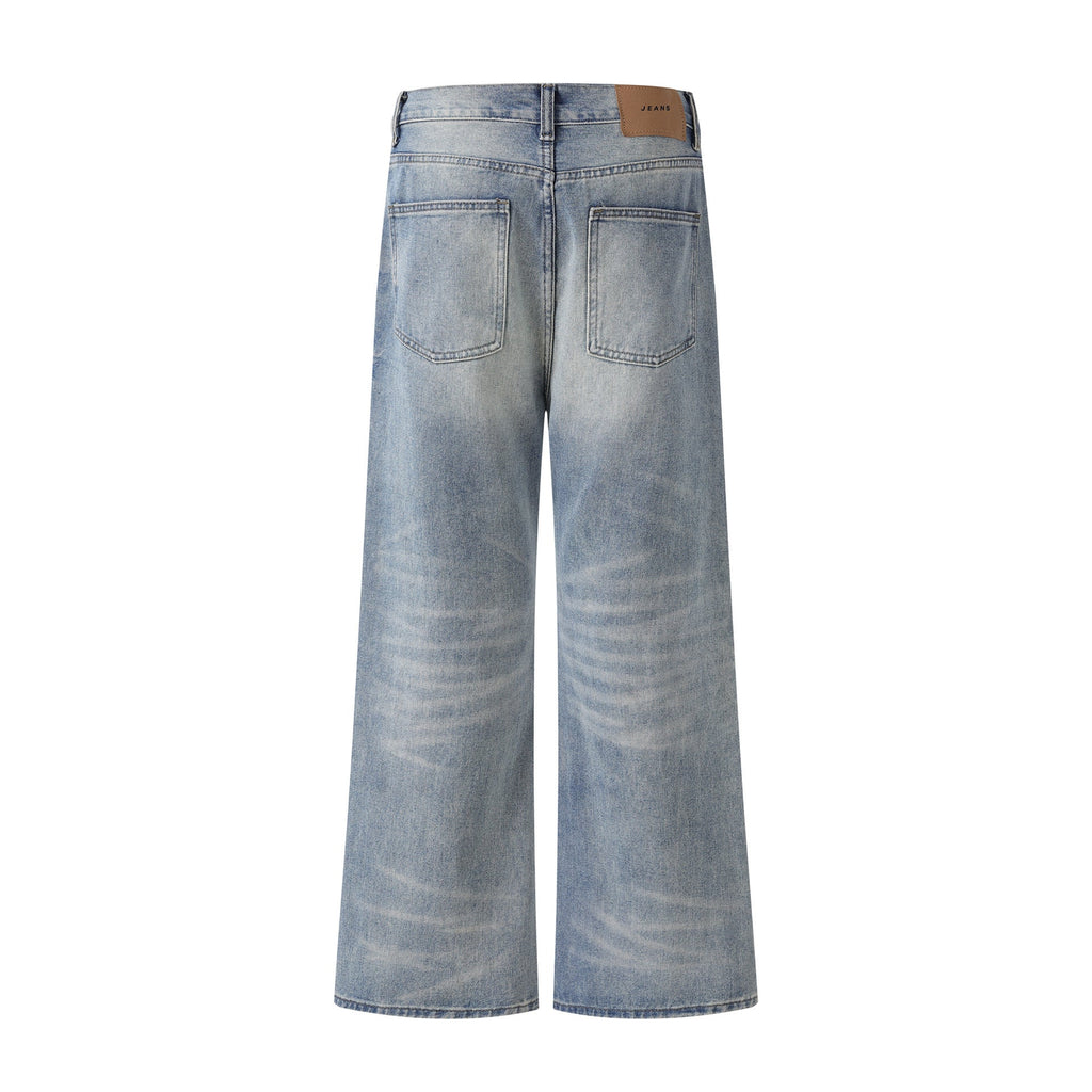 Design Faded Washed Whisker Loose Wide Leg Men's Denim Trousers
