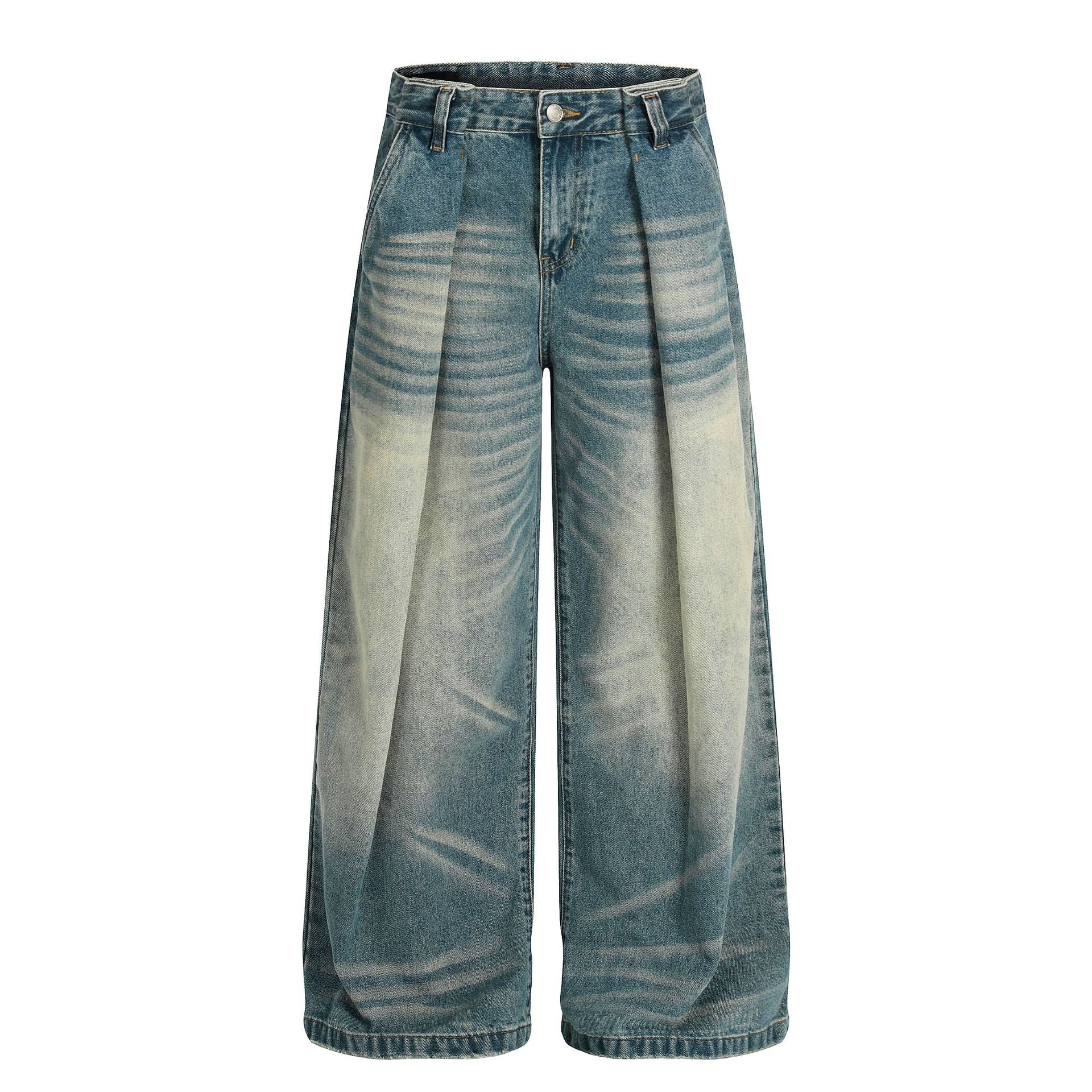 High-End Vintage Cat-Whisker Texture Pleated Design Men's Wide-Leg Casual Jeans
