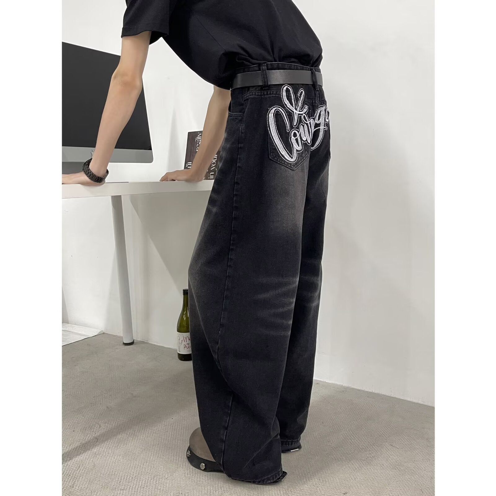 Curved Knife Denim Loose Straight Leg Pants with Letter Embroidery