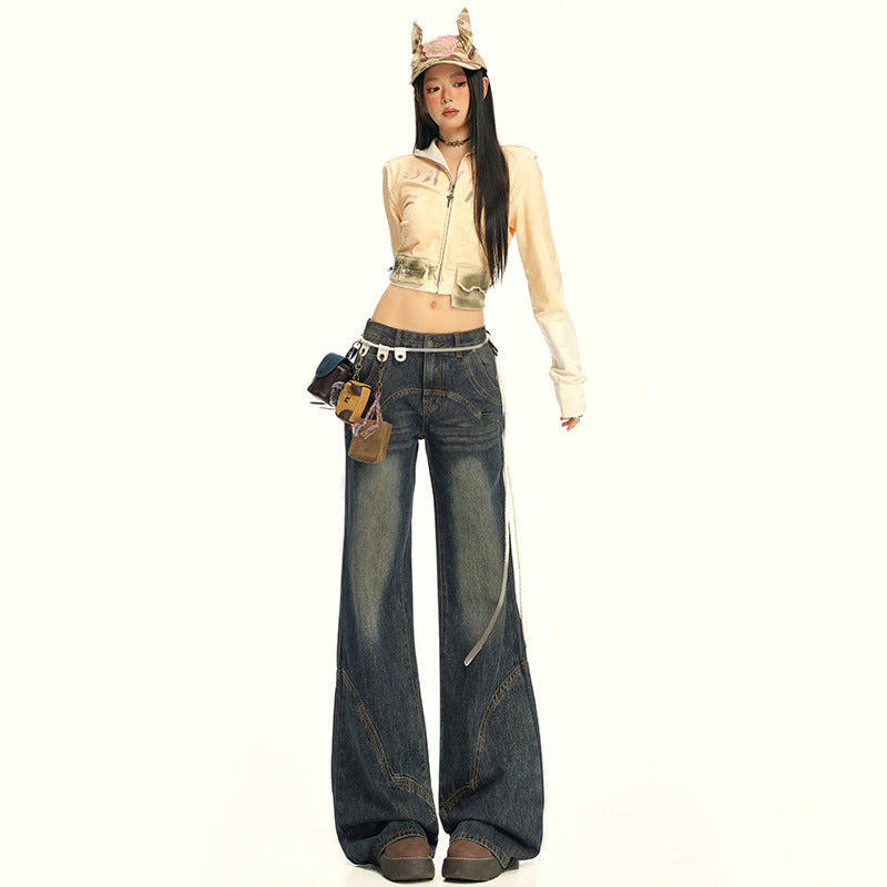 Women's Wide-Leg Jeans with Splicing Retro Design - Loose and Slimming Flare Pants