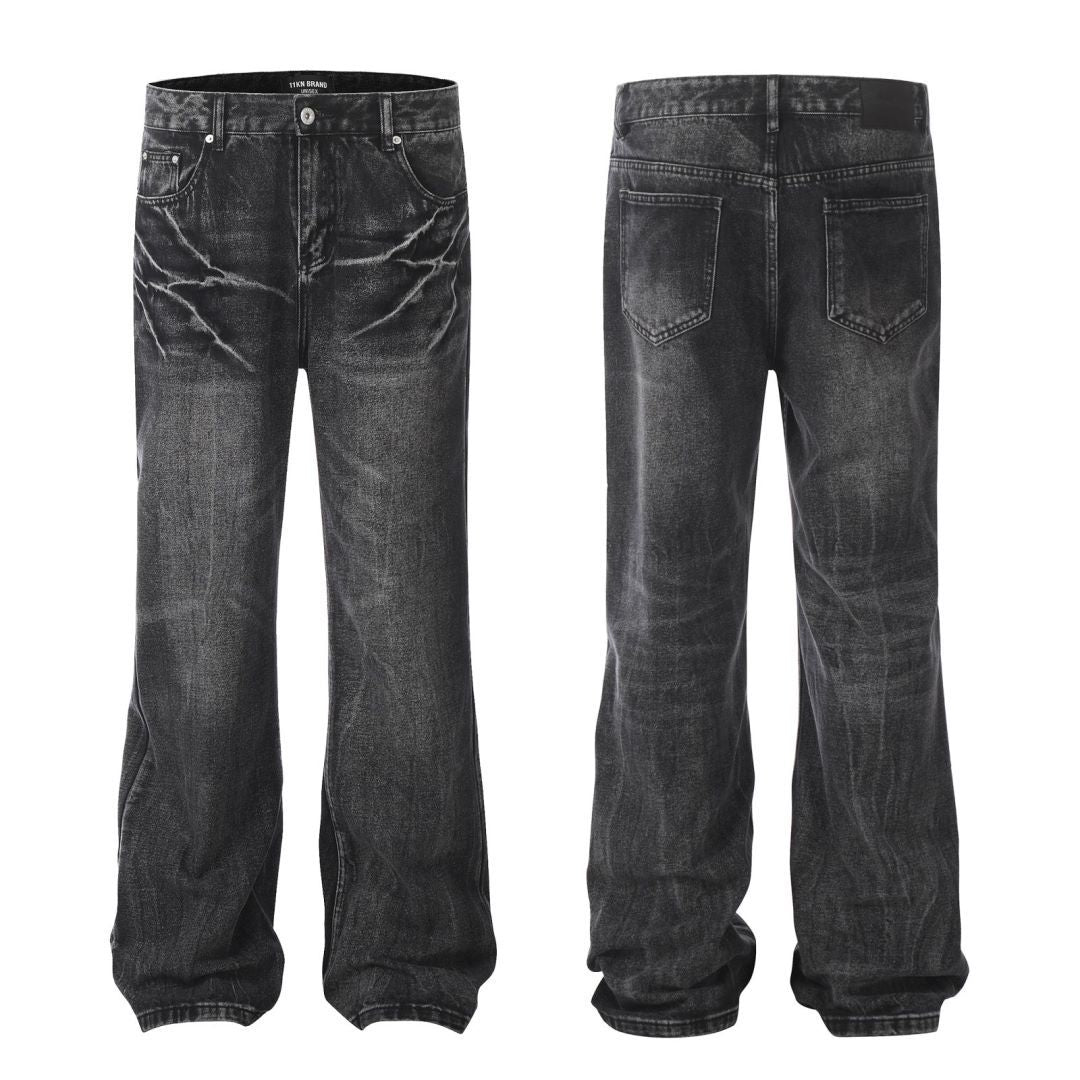 High Street Lightning Crack Washed Denim Trousers - Faded Cat Whiskers Loose Flared Jeans