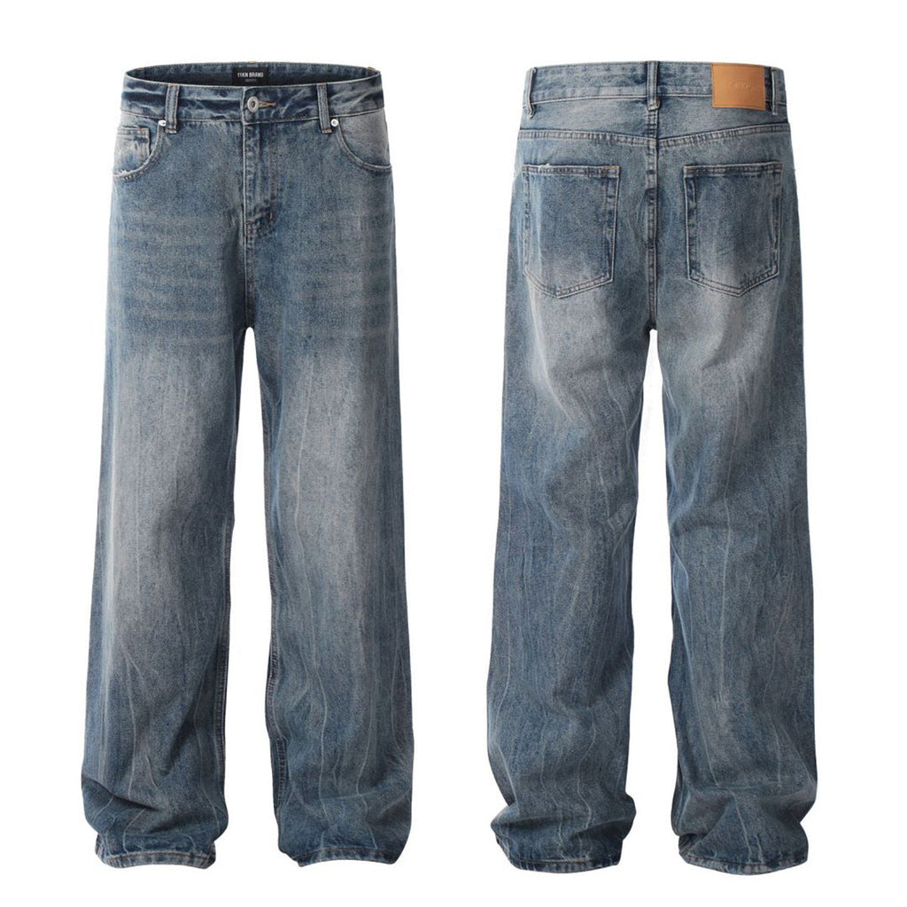 Blue Flared Denim Pants for Men and Women - Simple Clean Fit with Gathered Loose Straight Leg