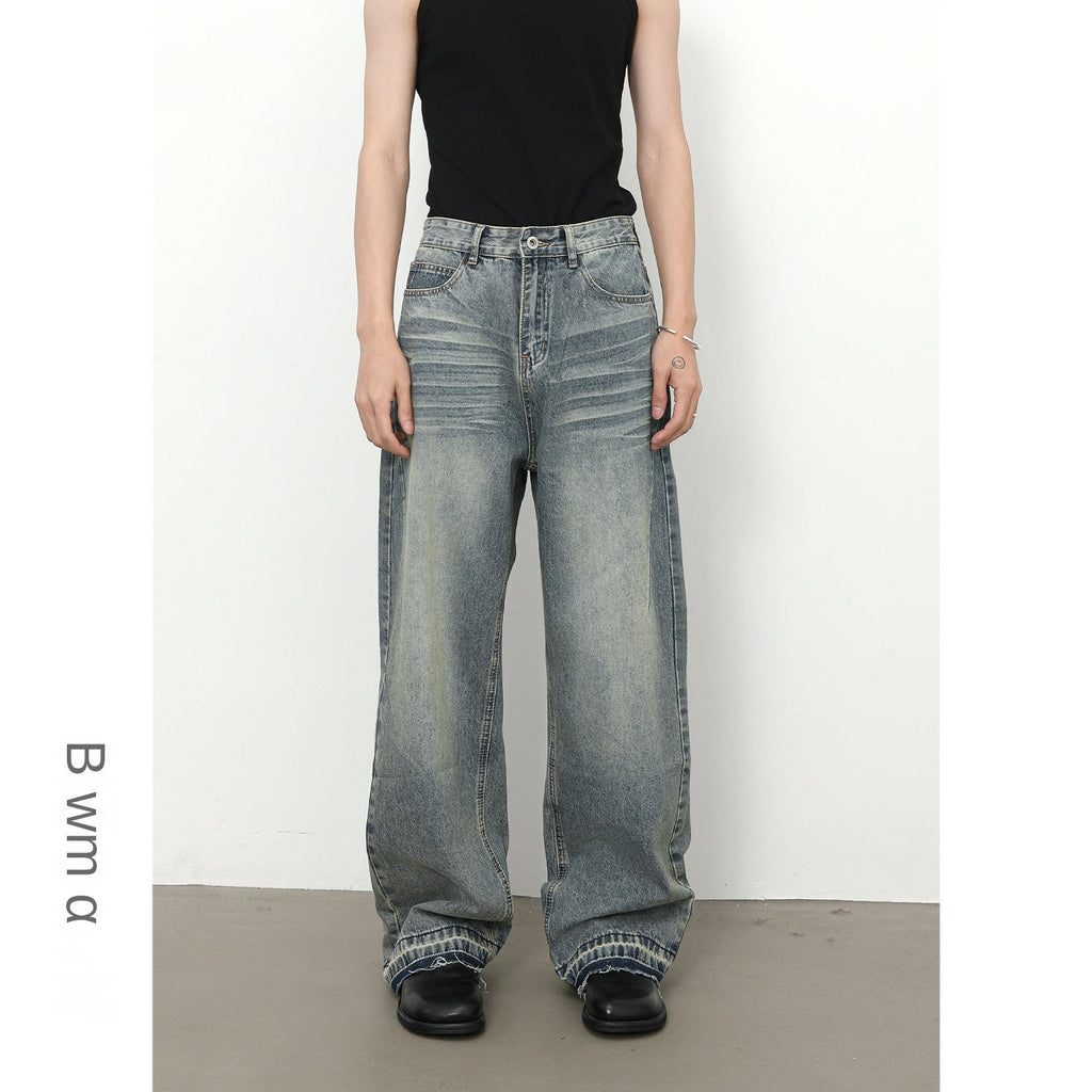 Denim Frayed Hem Washed Wide-Leg Jeans - Men's Retro Loose Straight Fit Trousers