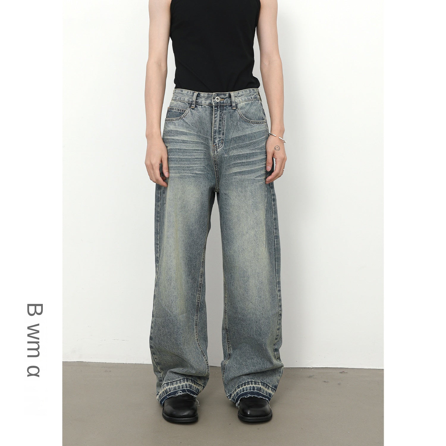 Denim Frayed Hem Washed Wide-Leg Jeans - Men's Retro Loose Straight Fit Trousers