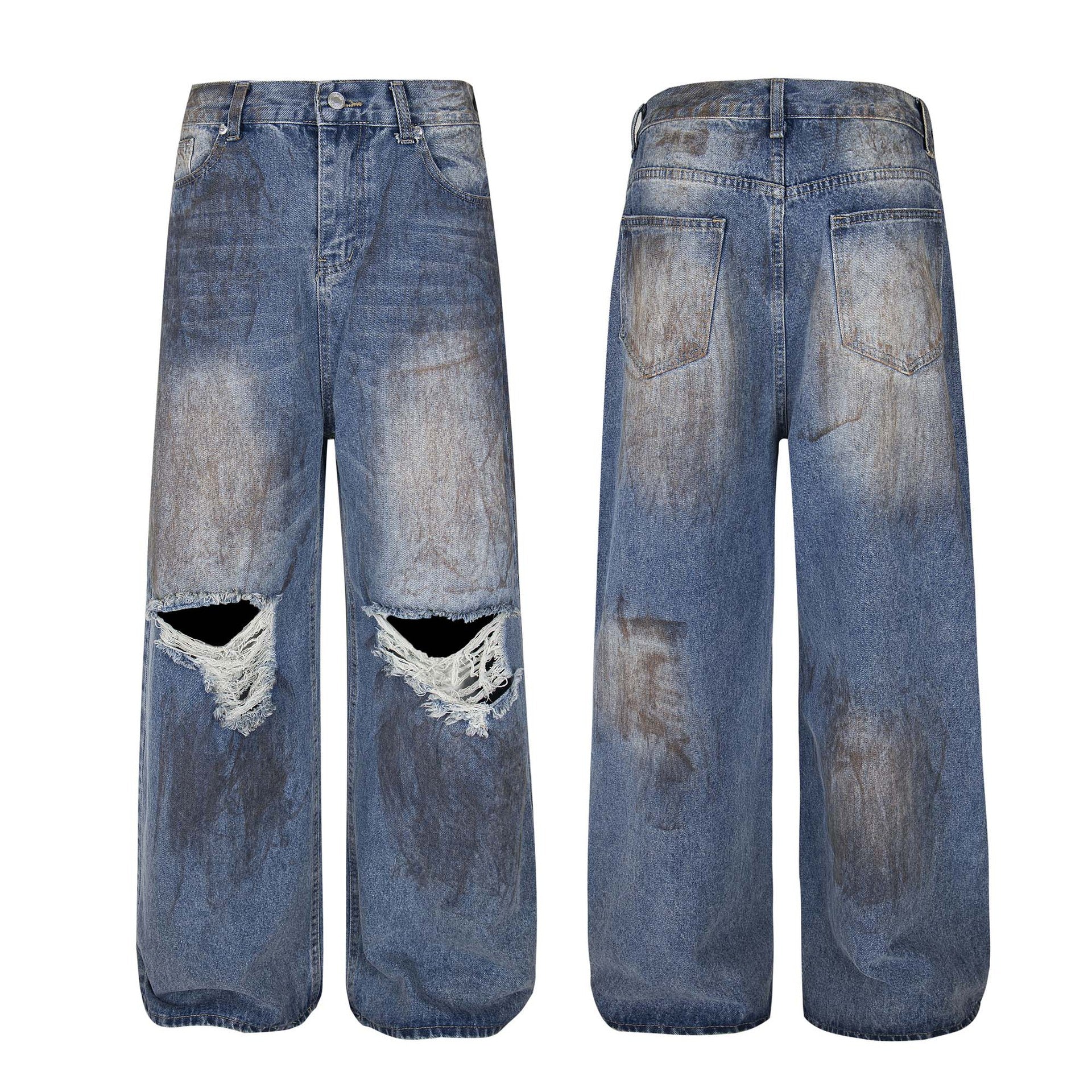 Washed Faded Distressed Denim Pants - Unisex Loose Wide Leg Trousers