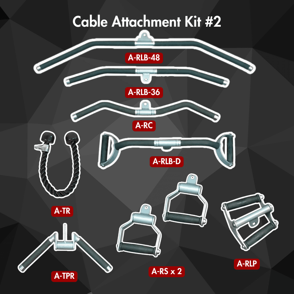 Essentials Cable Attachment Kit - Cable Attachment Kit #2 - Muscle D Fitness - 48 & 36" Lat Bar Curl Bar Single and Double Handles Triceps Rope