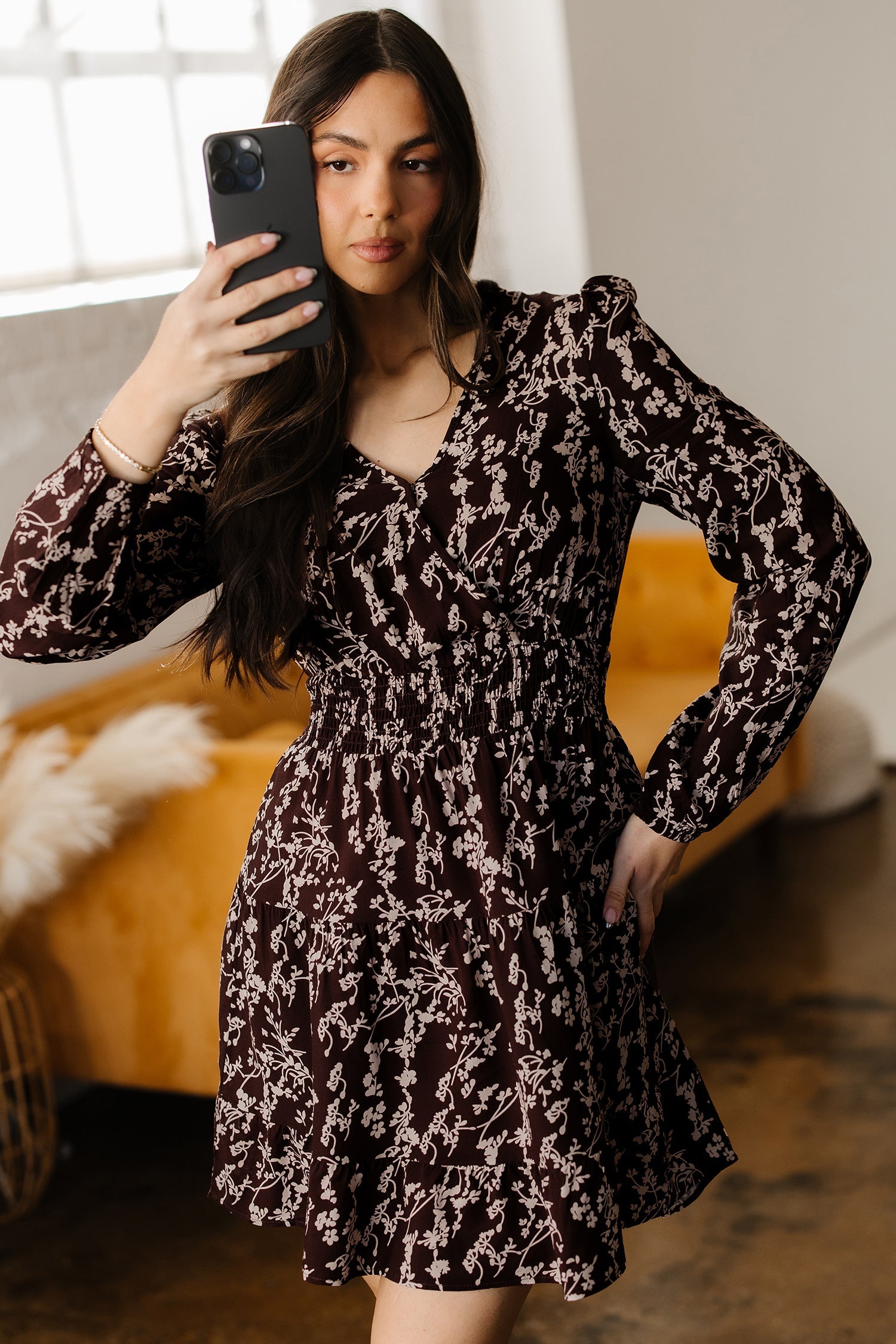 Brown Ditsy Floral Print Split Neck Long Sleeve Shirred Waist Flared Mini Dress