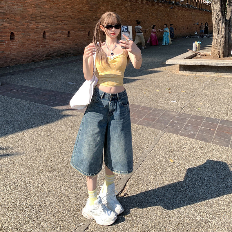 Women's Denim Shorts Straight Leg A-Line Mid-Waist Frayed Cutoffs