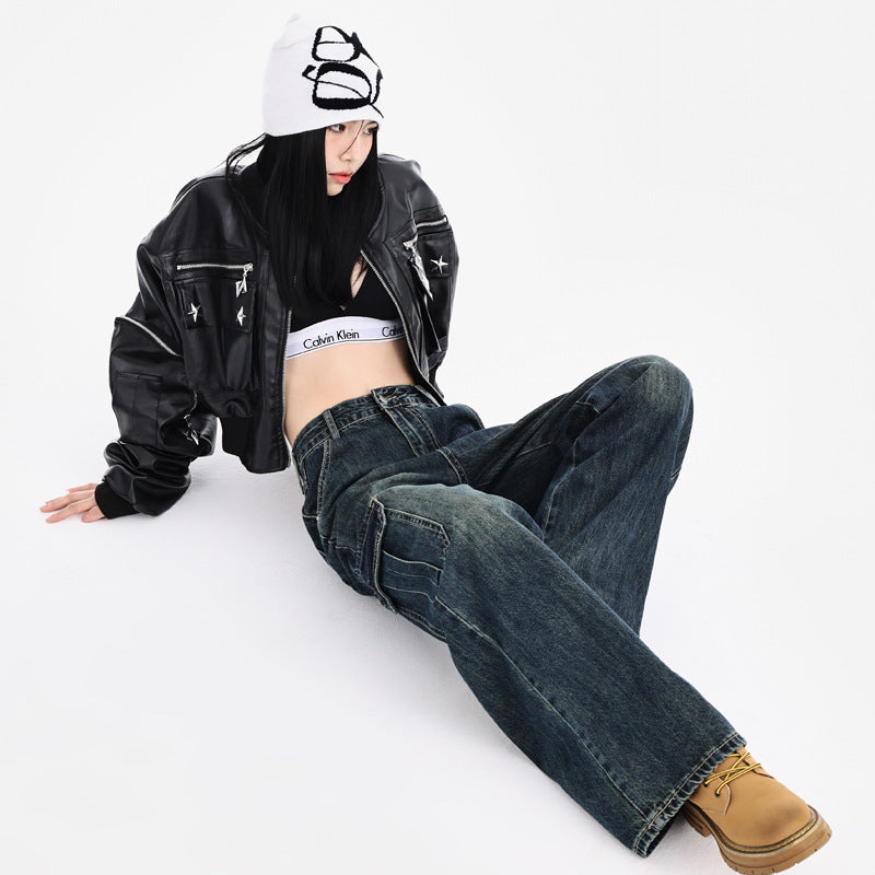 Women's High-Waisted Wide-Leg Jeans - Tall Vintage Loose Casual Cargo Pants