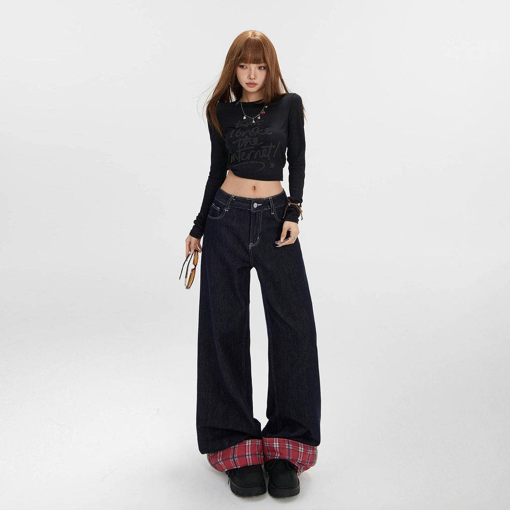 Women's Spliced Mid-Waist Denim Pants - Wide-Leg Straight Loose Trousers