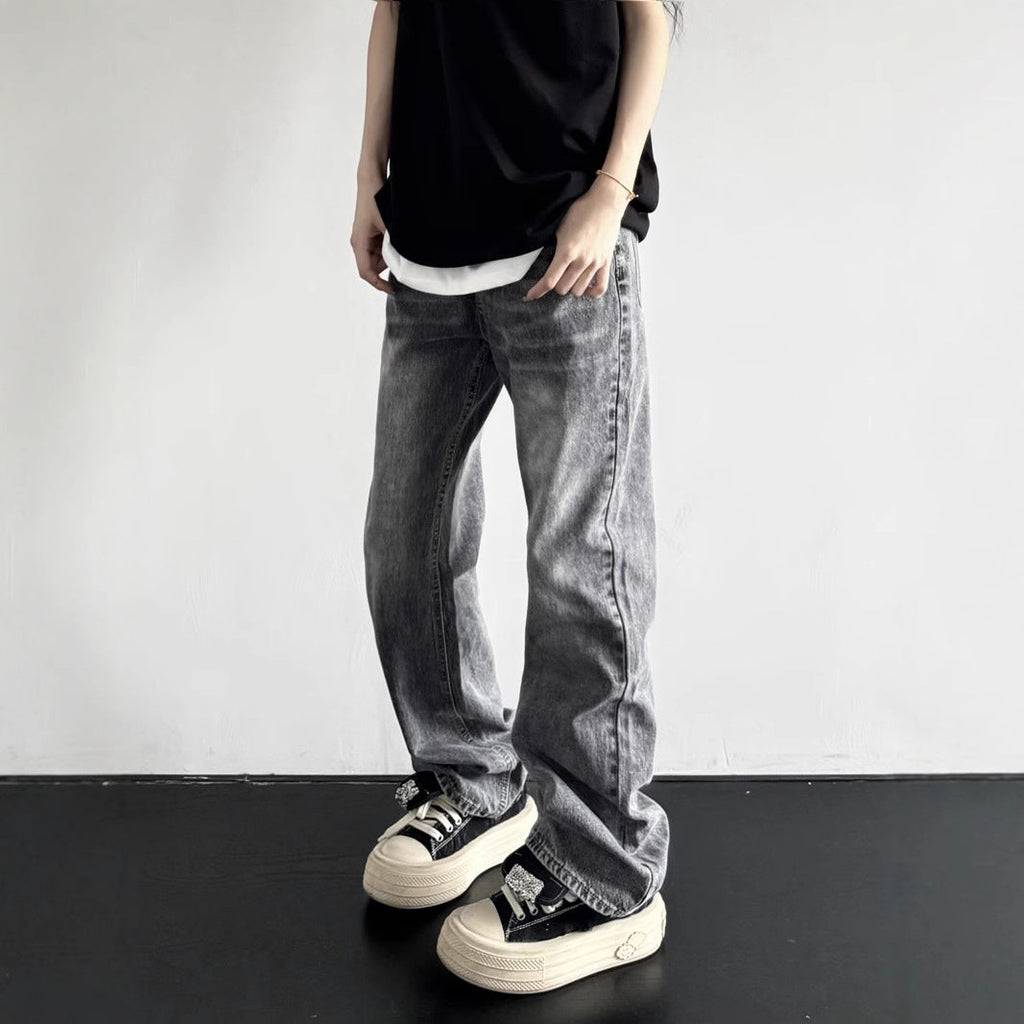 Washed Vintage Smoky Gray Denim Pants - Unisex  Loose Straight Leg All-Match Long Pants