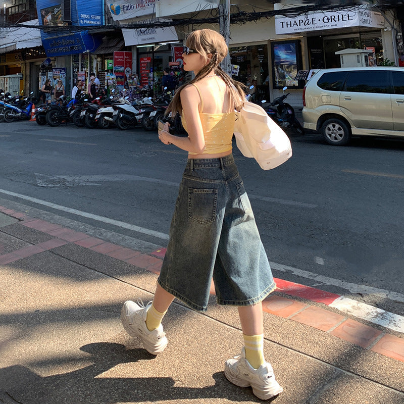 Women's Denim Shorts Straight Leg A-Line Mid-Waist Frayed Cutoffs