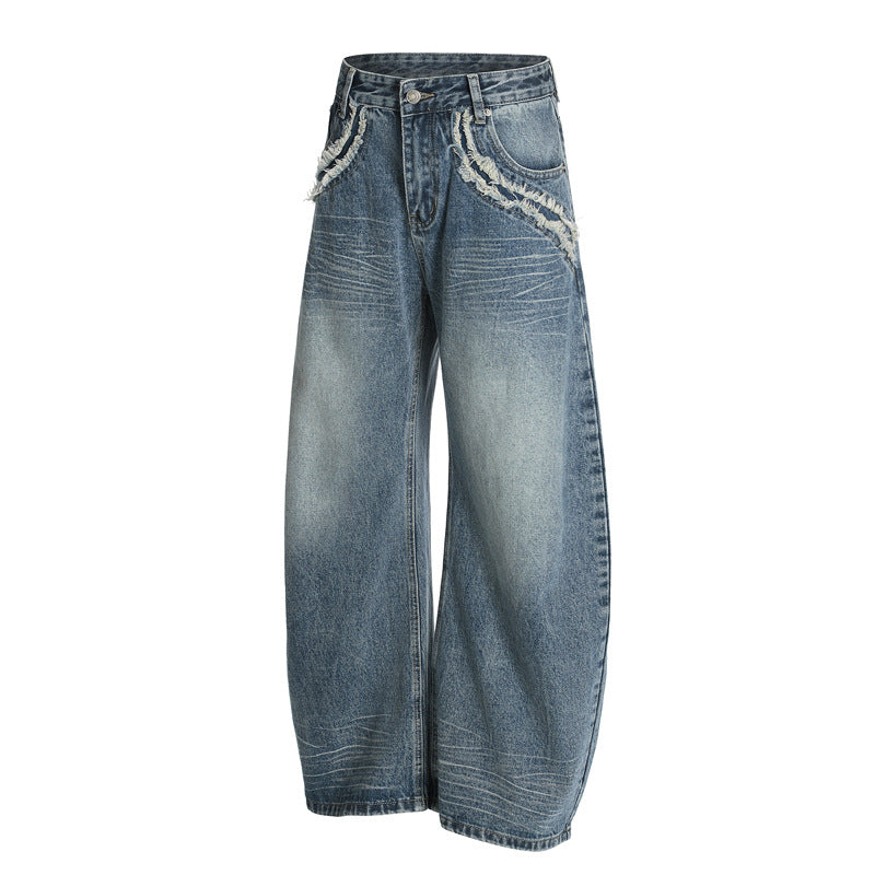 Men's Fuzzy Pocket Denim Pants - Washed Blue Loose Fit Trousers