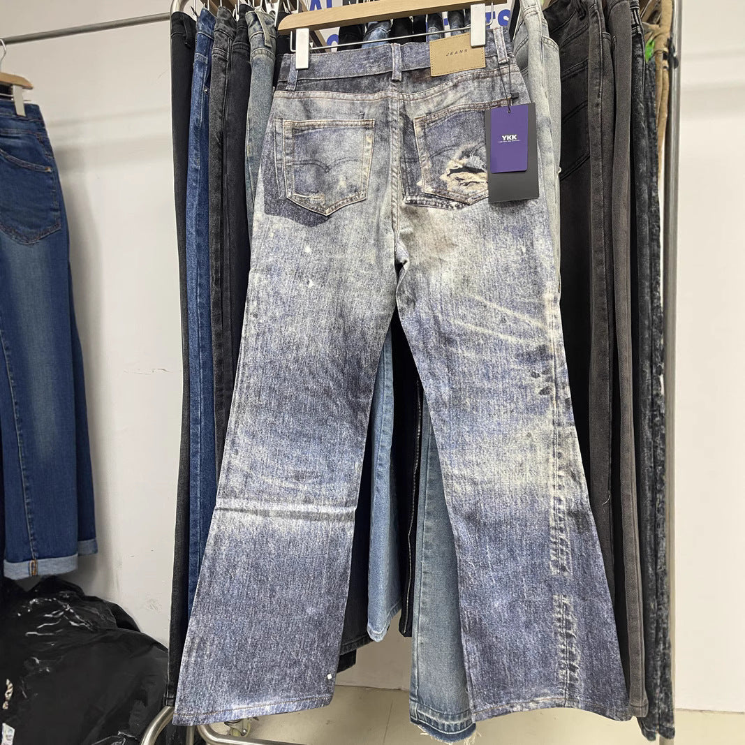 Digital Print Faded Denim Pants - Unisex Vintage Loose Straight Leg Flare Trousers