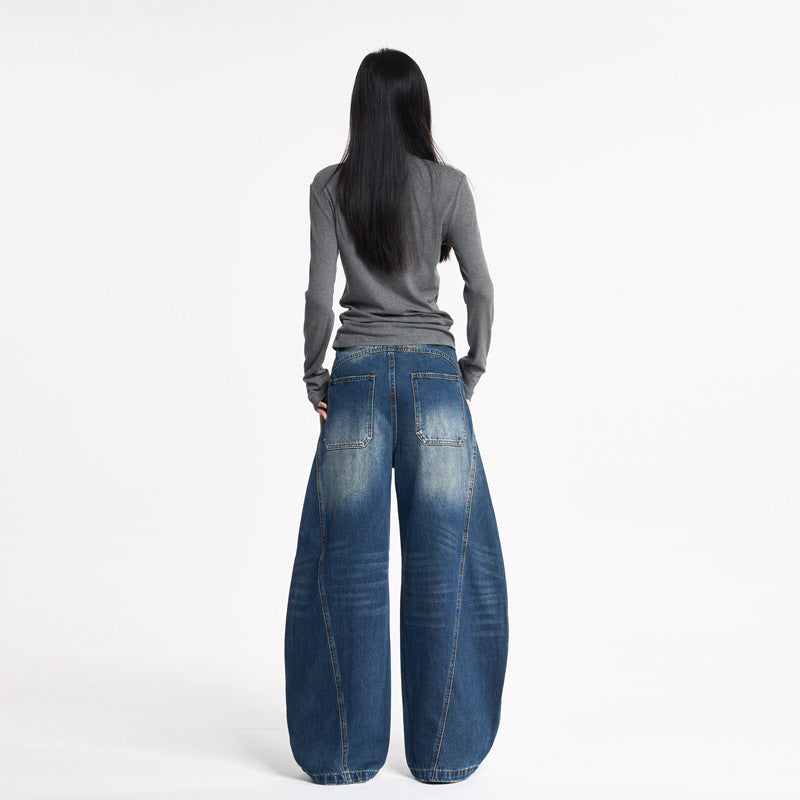 Women's Knife-Leg Jeans with Whiskers - Loose Casual Wide-Leg Pants